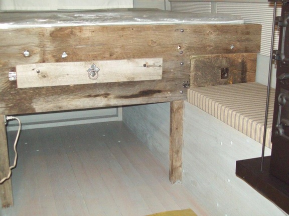 54. Barnwood bed front, open under bed w/ outlet